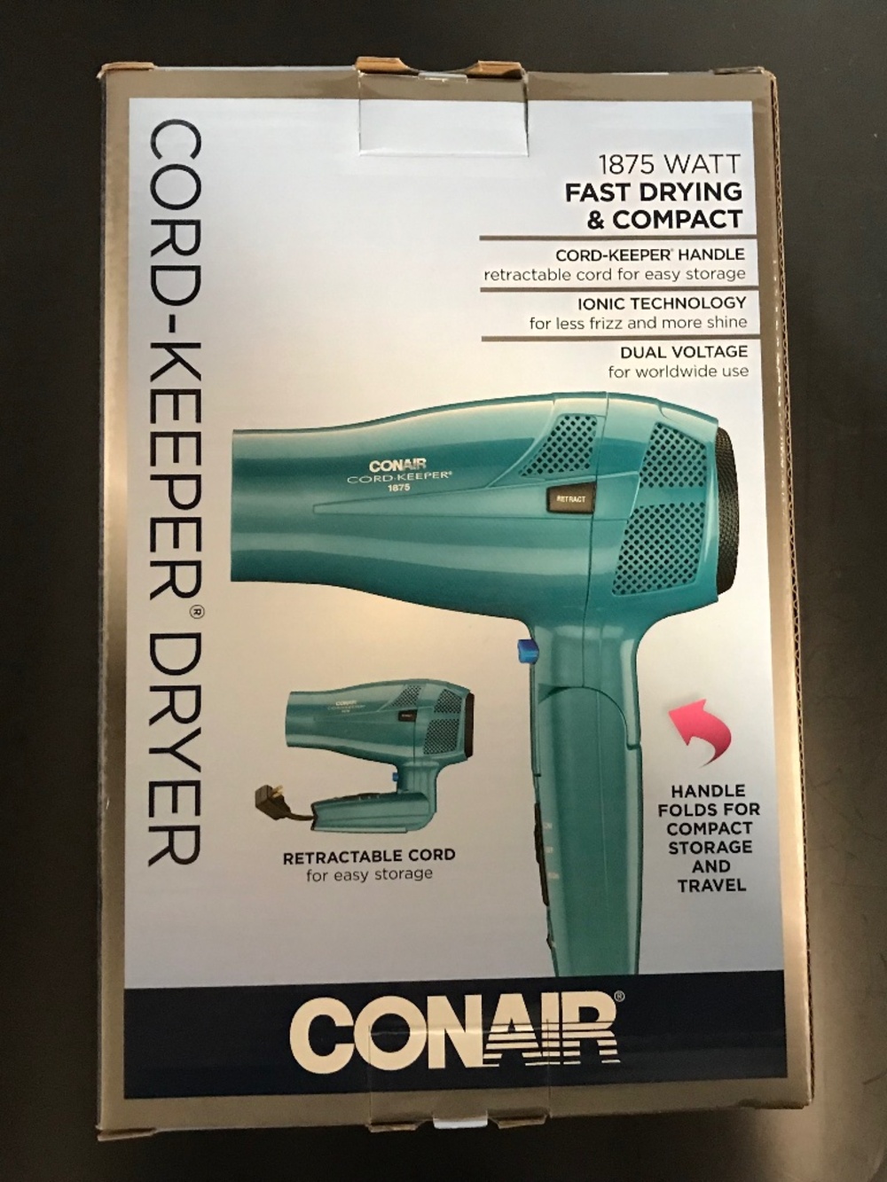 NWOT Conair Hair Dryer 289N, 1875W Folding Handle Retractable Cord Dual Voltage